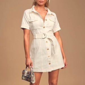 Lulu’s White Denim Belted Button-Up Mini Dress
